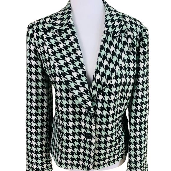 Vintage Size 14P Houndstooth Blazer Jacket Black Off White Mint Green Career